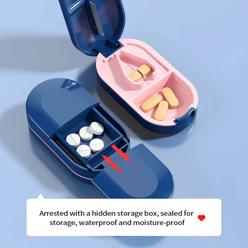Portable Pill Splitter -2-in-1 Pill Box with Stainless Steel Blade - Suitable for Vitamin Tablets - Cutting Pills 1/2, 1/4 with