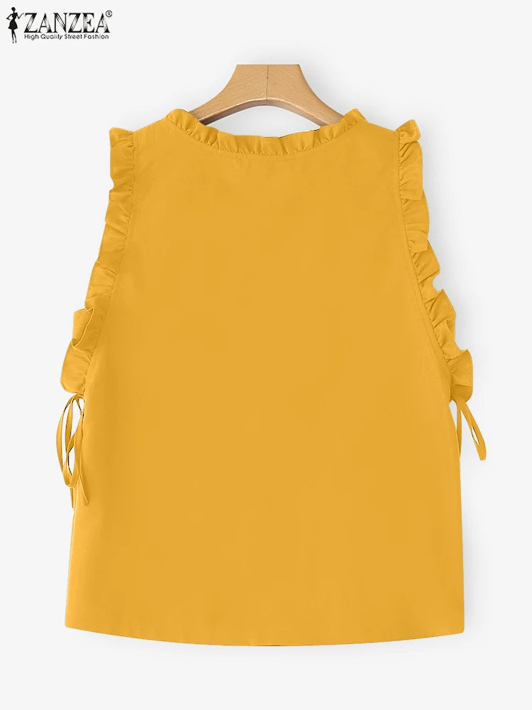 ZANZEA Women Tank Tops 2025 Summer Bandage Casual Loose Tees Sexy Sleeveless Solid Color Shirts Round Neck Ruffled Blusas Tops
