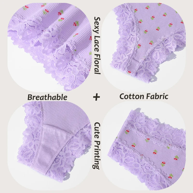 4Pc S-XL Women's Cotton Sexy Lace Brazilian Pants Seamless Low Waist Printing Breathable Underwear Ladies Lace Patchwork Panties