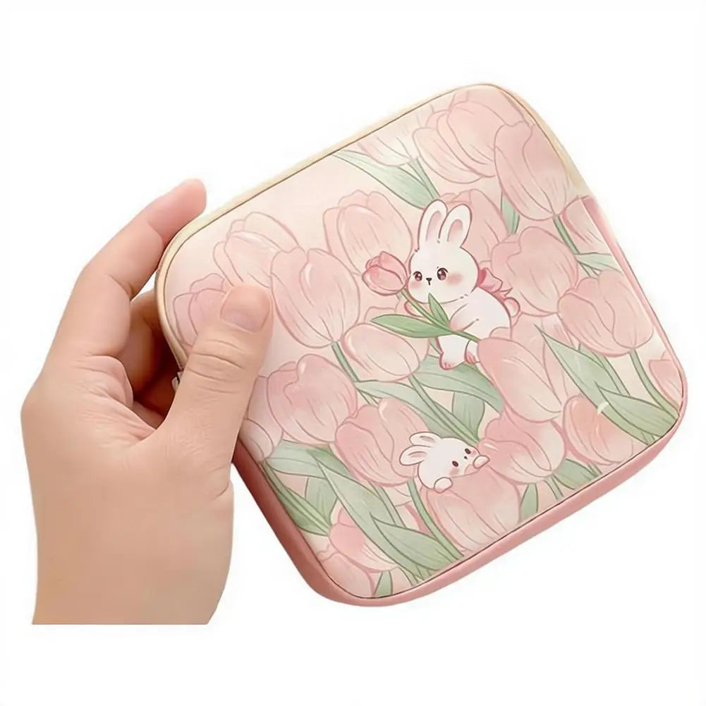 Cute Rabbit Floral Storage Bag, Mini Sanitary Napkin Organizer,Portable Cosmetic Pouch for Women,Data Cables Coin Purse Bag