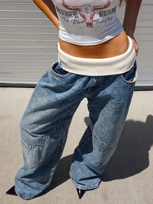 Y2K Hip-hop Stitching Fashion Joker Retro Jeans Female Korean Casual Simple Dress Essential Wide-leg Pants Loose  Joker Overalls