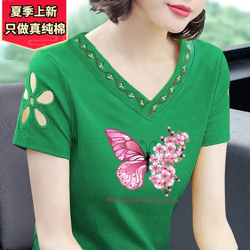 Simplicity Office Lady Summer New Pure Cotton Women's Solid V-Neck Embroidered Fashion Casual Loose Short Sleeve T-Shirts Tops