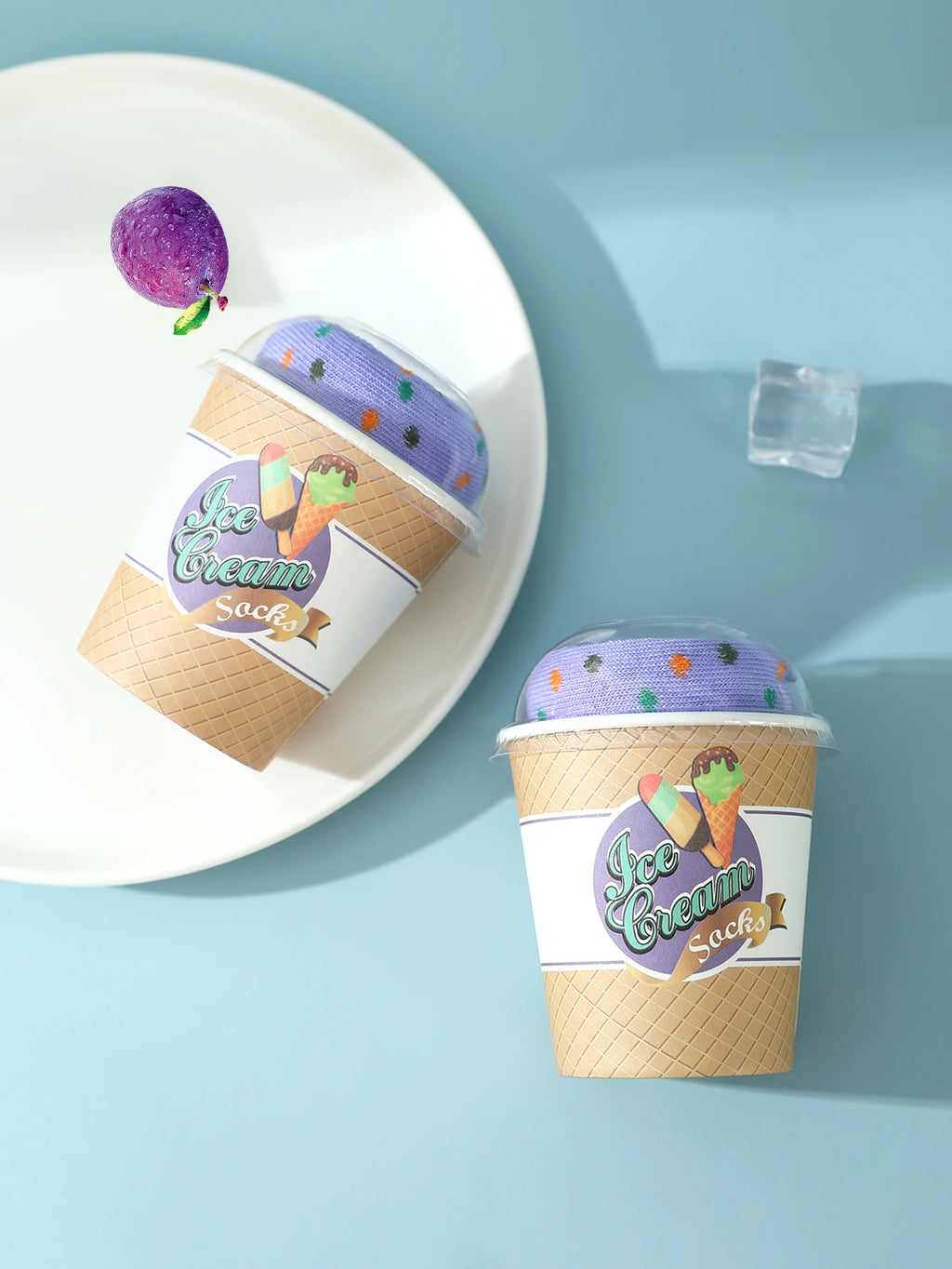 1 pair of mid-length socks for men and women, ice cream personality funny gift paper cup box, novel and creative, interesting gi