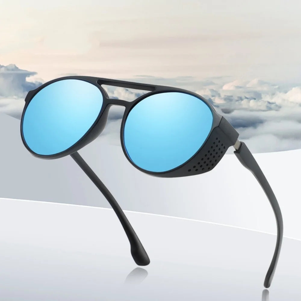 Men Women Polarized Sunglasses Steampunk Sports Sun Glasses Round Frame Eyewear with Side Shield UV400 Protection Driving Shades