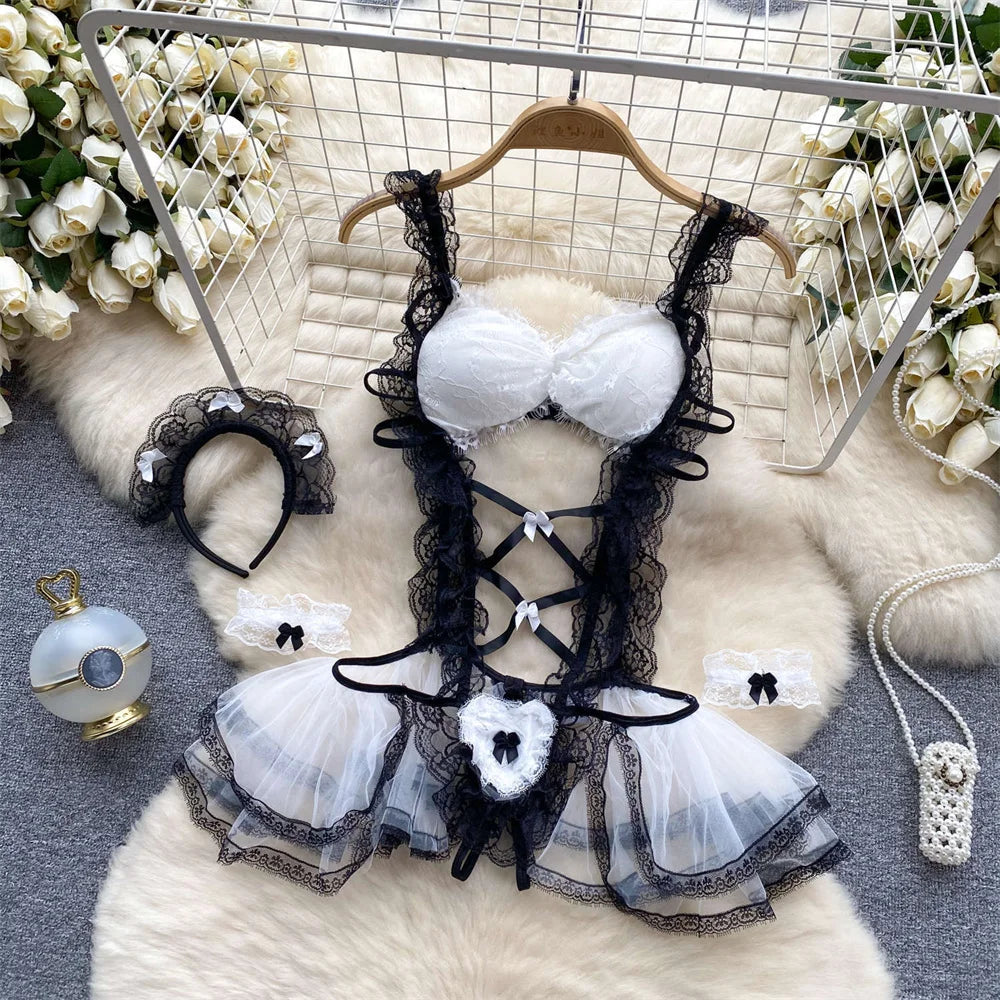 Sexy Cute Sweet Lace Backless Jumpsuit Women Slim Fit Bodysuit Girl Strap Bow knot Cosplay Hot Sweet Bow Ribbon Lingerie Dress