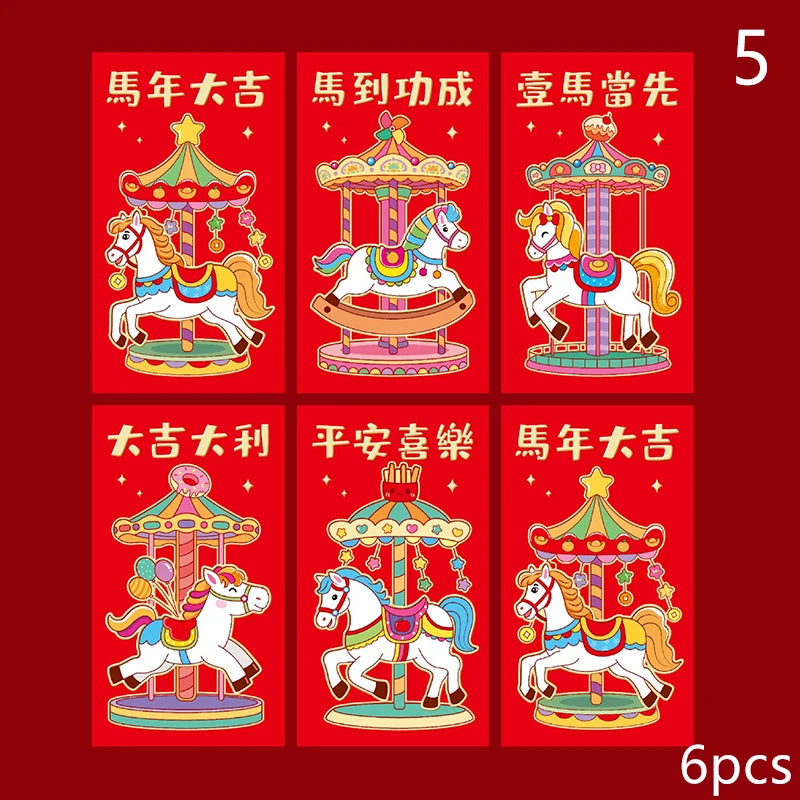 6 Pcs 2026 New Year Red Envelope Chinese Spring Festival Lucky Money Pockets Year of the Horse Lunar Year Celebration Supplies