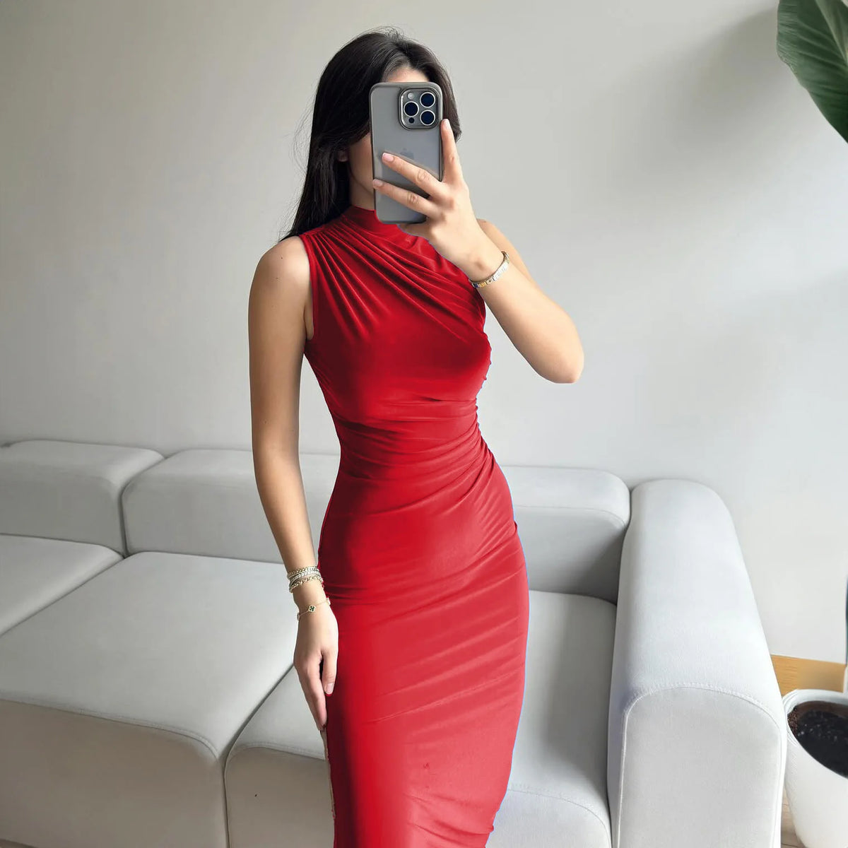 YUZHEXI elegant sleeveless ruched midi dress women commuter bodycon solid color robe black red pink split clothes summer