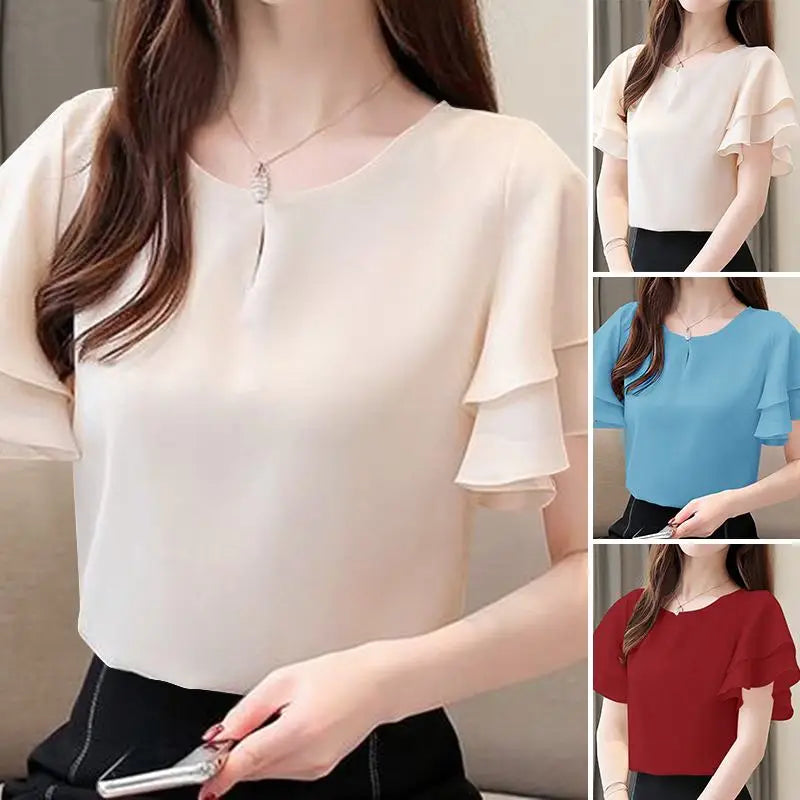 Elegant Women Short Sleeve Office Shirt ZANZEA Summer Blouse Fashion Solid OL Work Tops O Neck Blusas Tunic Ruffles Chemise
