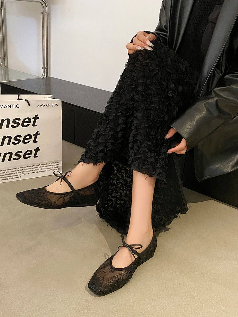 Mesh lace inner heightening women's shoes 2025 summer new sexy square head shallow breathable ballet shoes bow flat shoes