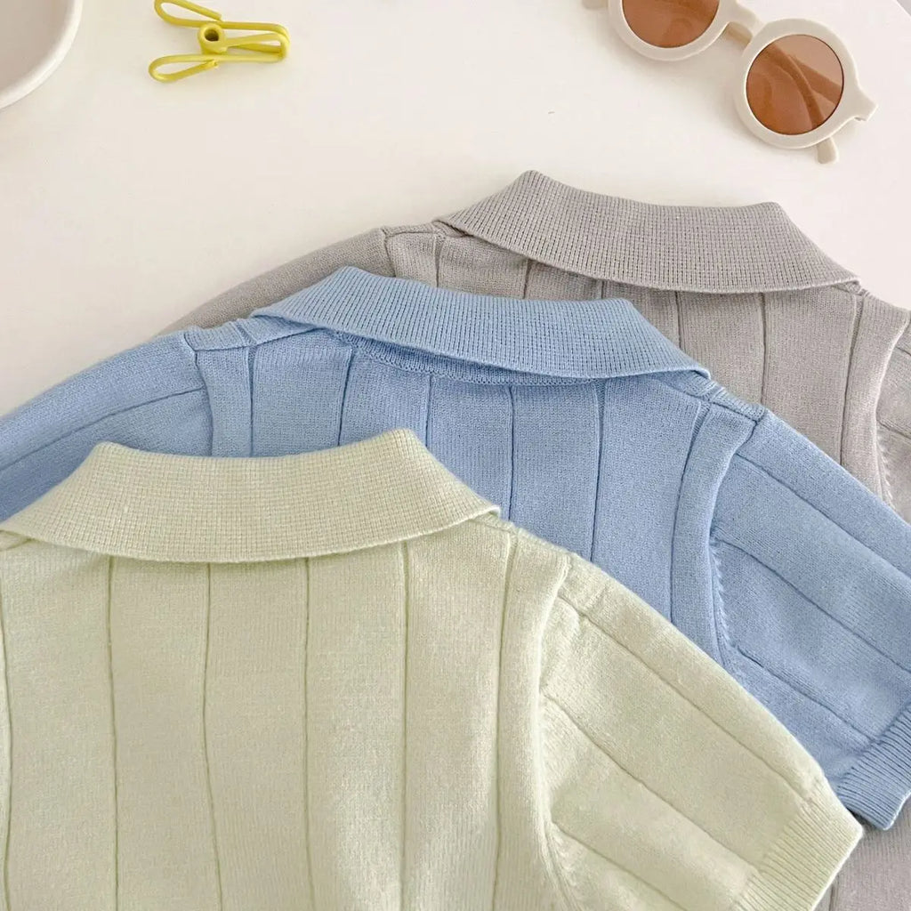 Koreanische Baby-Kapuzen-Tops für Frühling/Sommer 2026, elastisch, mit Umlegekragen, Eisseide, gestrickt, kurzärmlig, dünn, für den Sommer
