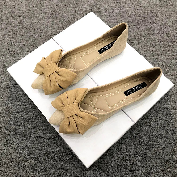 Women Flats Spring Summer Butterfly-knot Bow Velvet Flock Leather Flat Shoes for Women Black Red Apricot Zapatillas Mujer 44 45