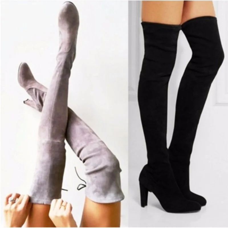 Suede Female Heels Autumn/ winter Zipper Elastic Knee-high Boots for Women Tube Lace-up Thigh Boots Black Botas