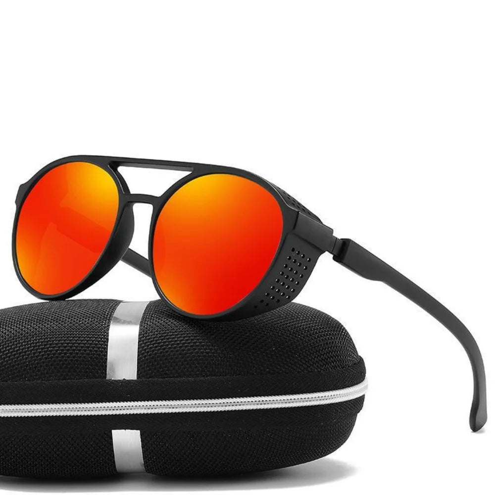Men Women Polarized Sunglasses Steampunk Sports Sun Glasses Round Frame Eyewear with Side Shield UV400 Protection Driving Shades