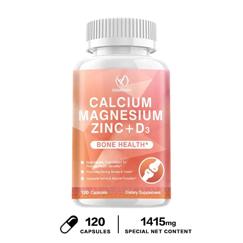 Calcium + Magnesium + Zinc + Vitamin D3 Capsules - Supports Bone and Nervous System Health and Improves Mood