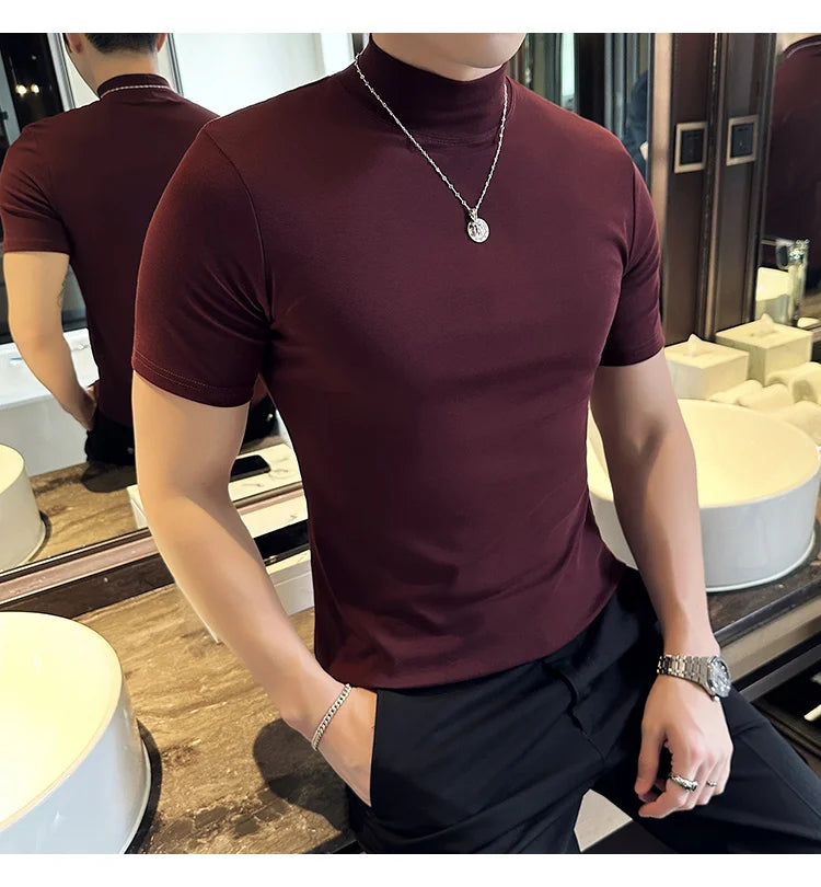 Spring Summer Men's Half High Neck Short Sleeve T-shirt Korean Slim Fit Solid Color Bottom Shirt Casual Cotton Elastic T-shirts