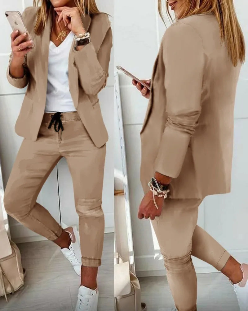 Traje de oficina formal de dos piezas para mujer 2026, conjunto de blazer y pantalón ajustado con bolsillo, solapa, conjuntos de oficina para mujer, chándal de 2 piezas