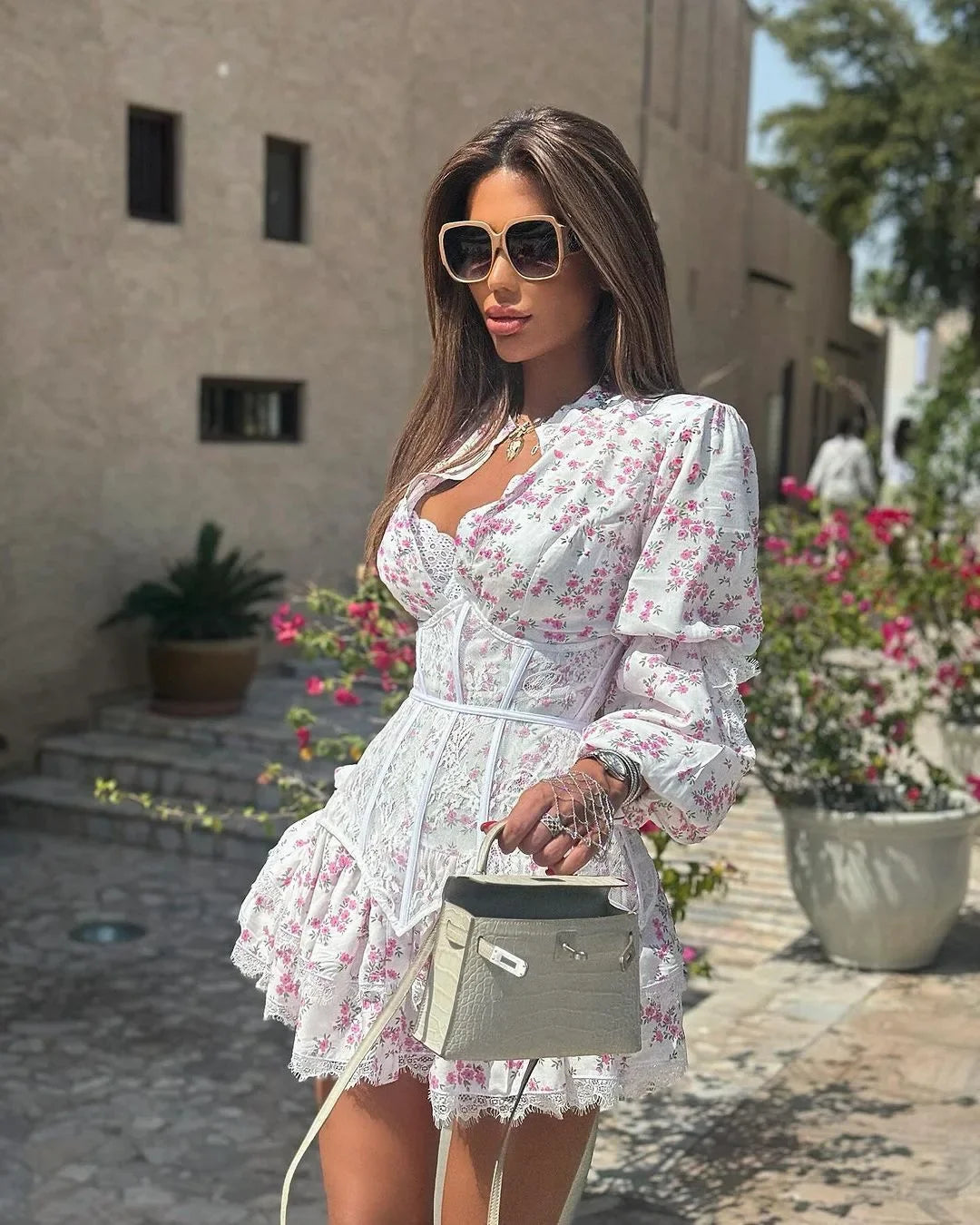 TARUXY V-Neck Printed Mini Lace Dress Female Ruffled Fashion High Waist Long Sleeve Splice Contrast Slim Fit Bandage Party Dress