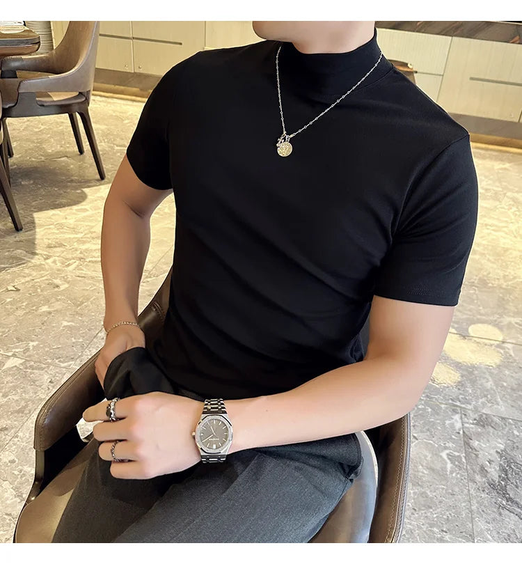Spring Summer Men's Half High Neck Short Sleeve T-shirt Korean Slim Fit Solid Color Bottom Shirt Casual Cotton Elastic T-shirts
