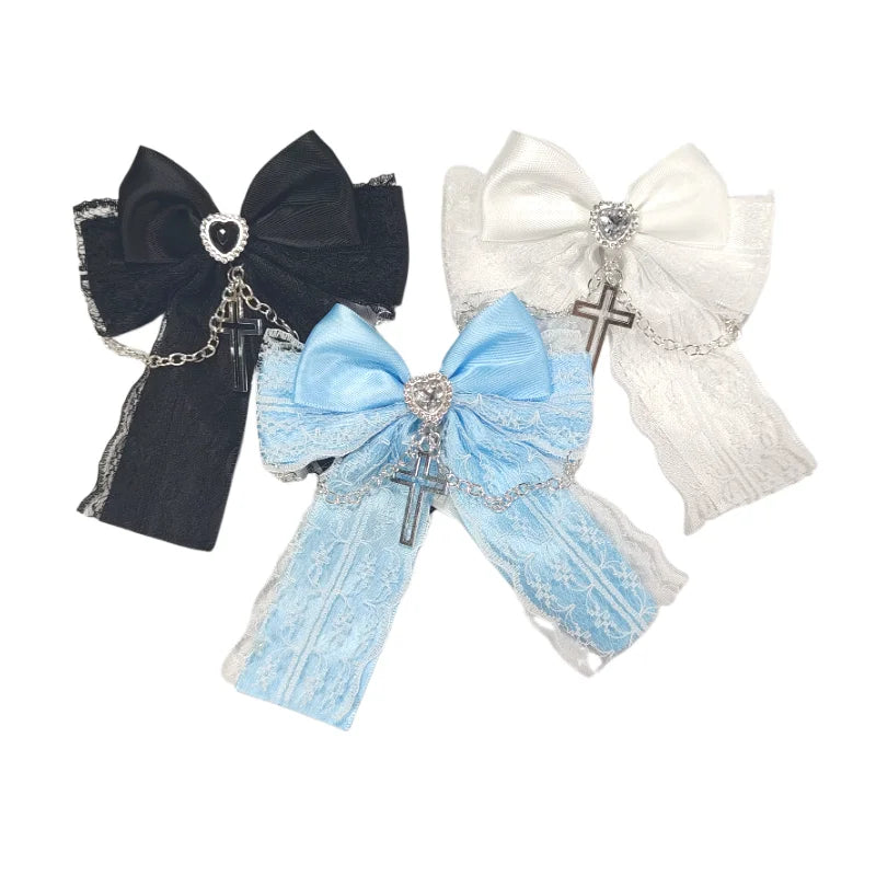 Pinzas de lazo bonitas estilo Harajuku Y2K estético Lolita con cadenas cruzadas góticas negras, azules, blancas y dulces de encaje para el pelo para niñas y mujeres