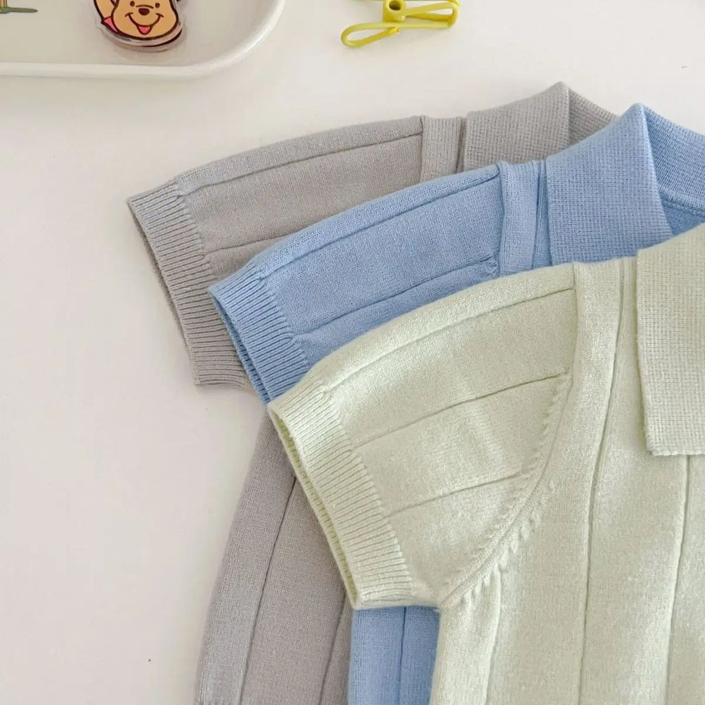 Koreanische Baby-Kapuzen-Tops für Frühling/Sommer 2026, elastisch, mit Umlegekragen, Eisseide, gestrickt, kurzärmlig, dünn, für den Sommer
