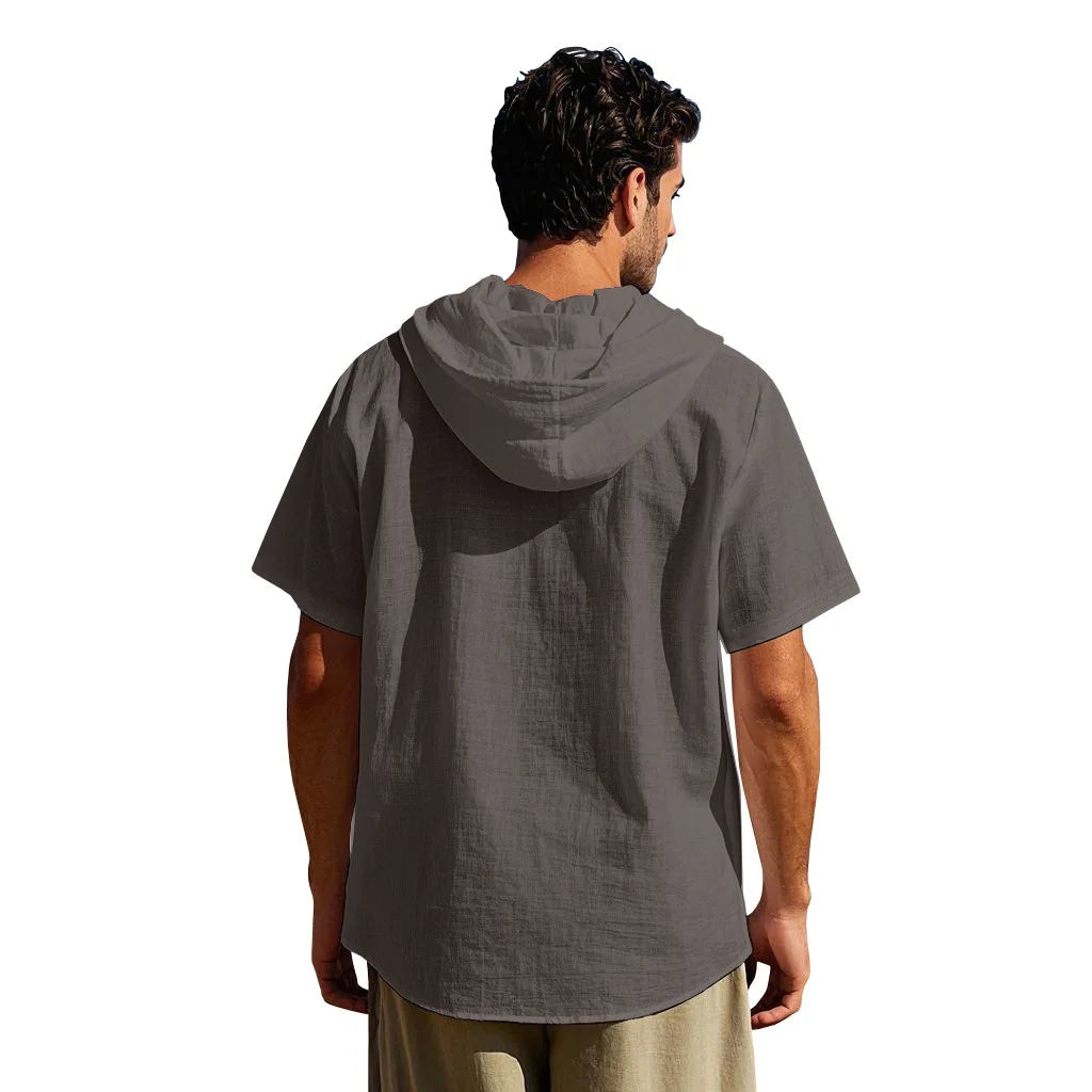 American Summer Men's Thin Breathable Linen Ami Kaji Loose Hooded Short-sleeved Shirt Men