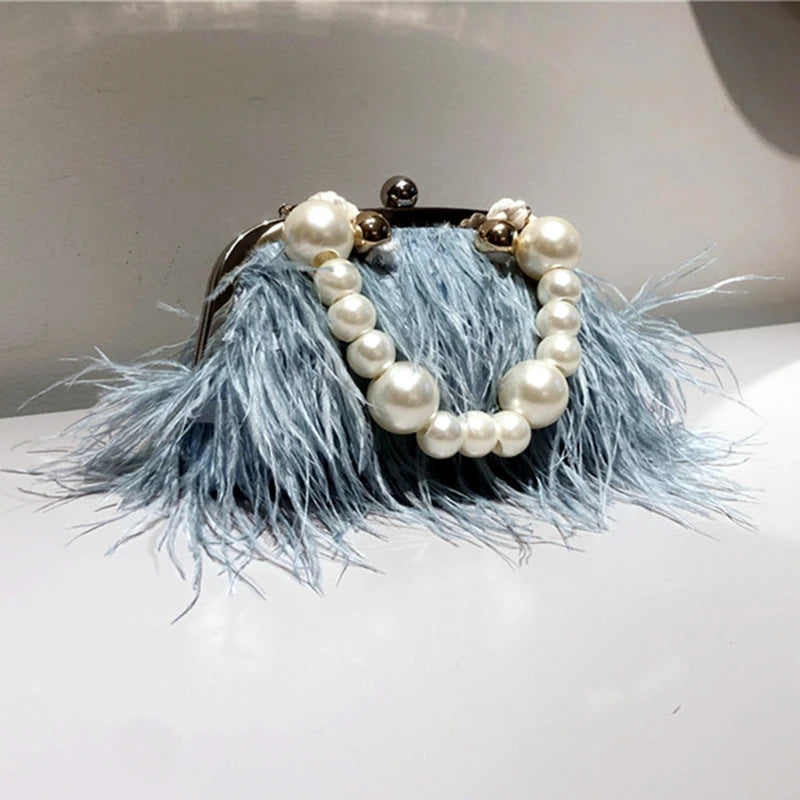 Luxury brand Handle Bag 2025 Fashion  Female Wallet Retro Lux Shoulder Bag New Temperament Feathers Pearl Chain Crossbody Clutch