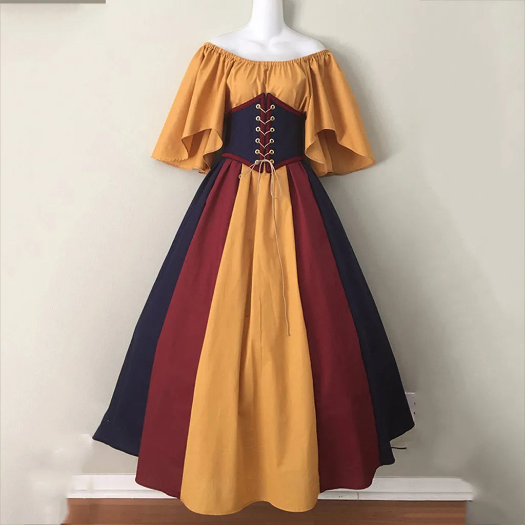 Women Patchwork Medieval Renaissance Dress Halloween Gothic off Shoulder Retro Long Dress