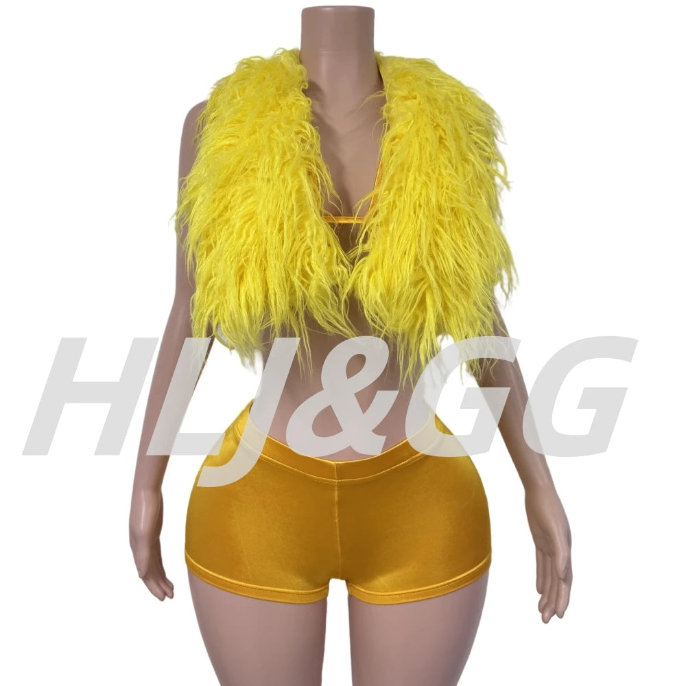 HLJ&GG Fashion Y2K Fur Hollow Out Streetwear Women Sleeveless Slim Crop Top And Shorts Outfits Female Trend 2pcs Outfits 2025
