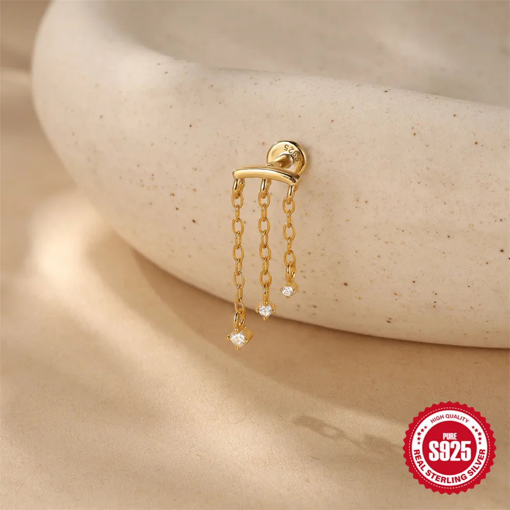 CANNER 1PC Tassel Chain Star Moon 925 Sterling Silver Flat Head Piercing Earring For Woman Ins 14K Gold Plated Dainty Jewelry