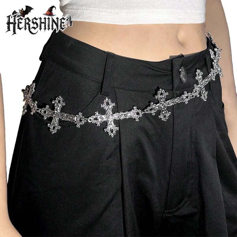 HERSHINE 1-piece women's fashion silver cross metal waist chain, Y2K gothic punk rock hip hop cosplay accessory，spring，summer