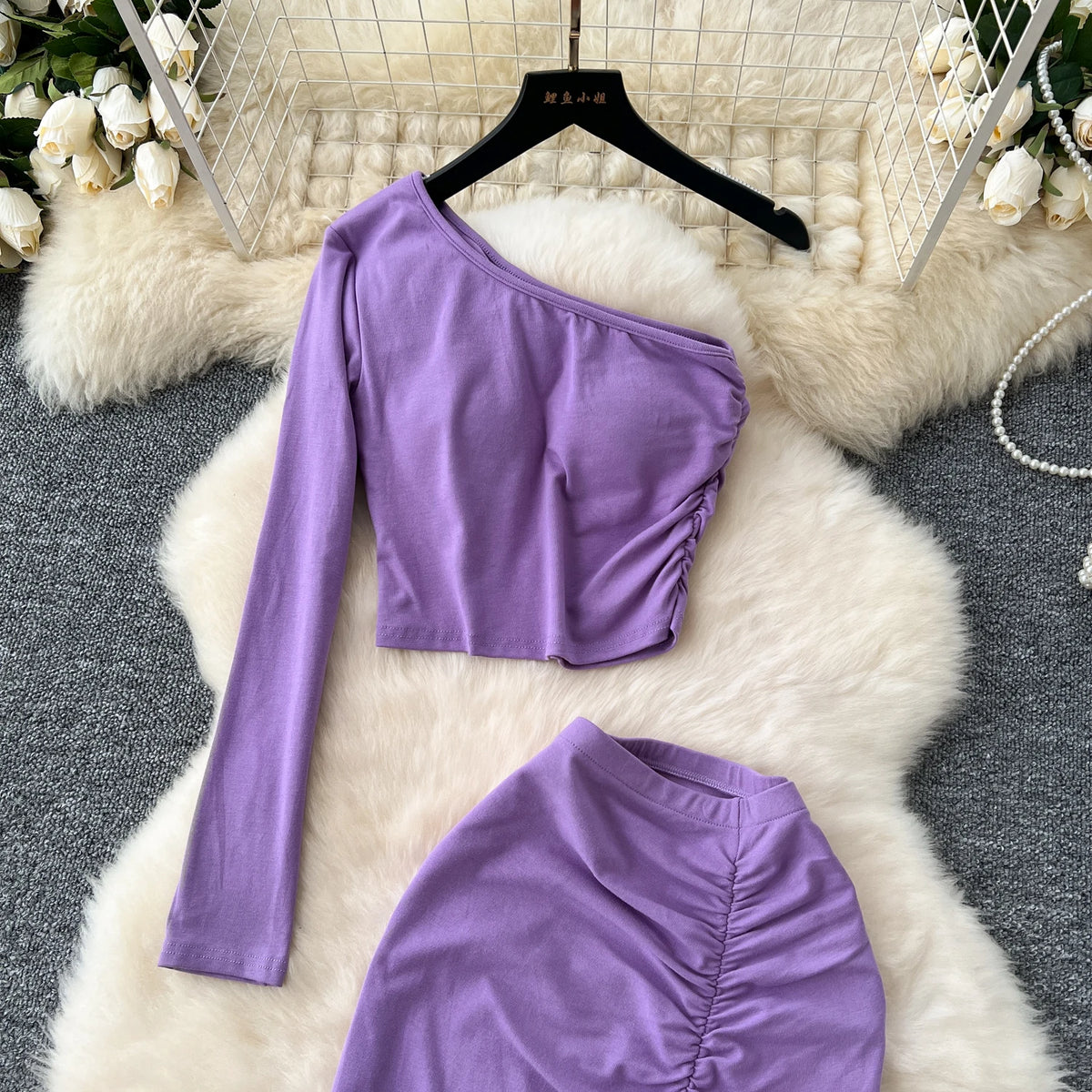 Chic Two-piece Sets One Shoulder Long Sleeve Diagonal Collar Blouse Basics High Waist Split Skirt High Street Vintage Clothing