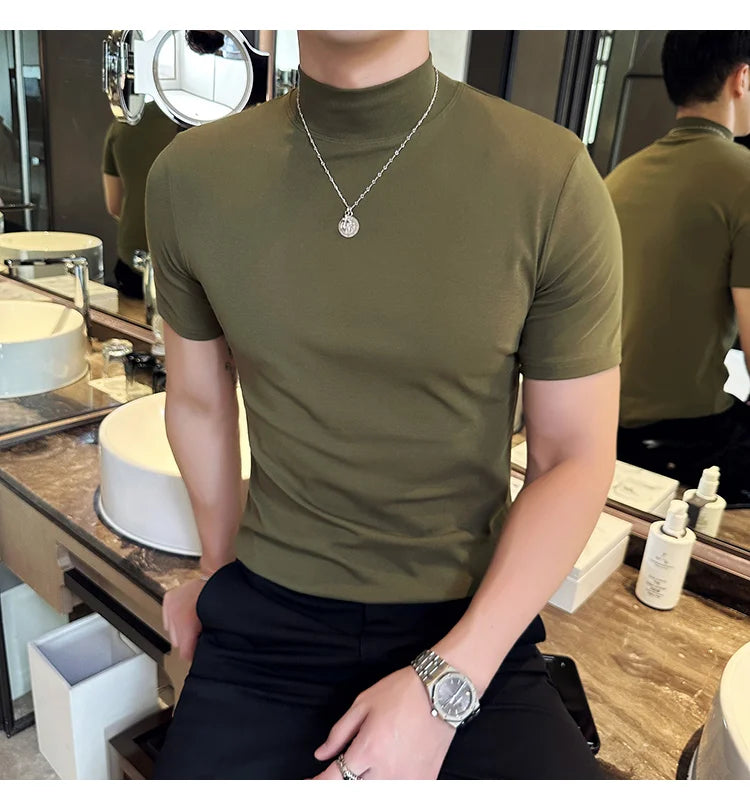 Spring Summer Men's Half High Neck Short Sleeve T-shirt Korean Slim Fit Solid Color Bottom Shirt Casual Cotton Elastic T-shirts