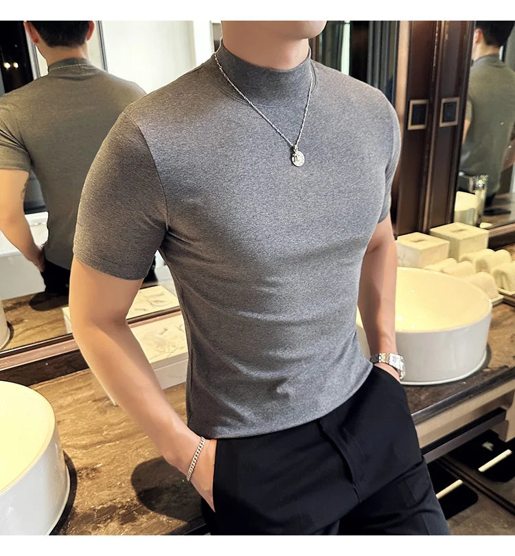 Spring Summer Men's Half High Neck Short Sleeve T-shirt Korean Slim Fit Solid Color Bottom Shirt Casual Cotton Elastic T-shirts