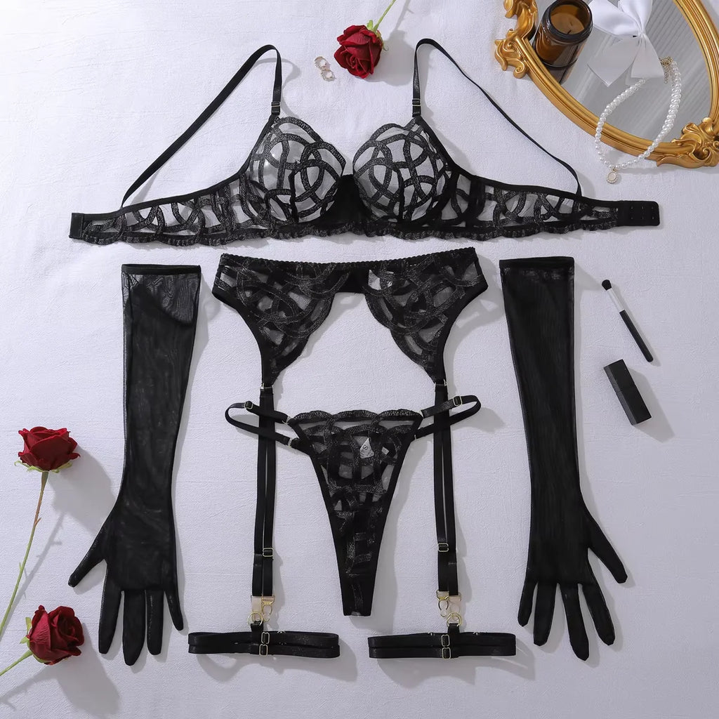 MUZISKAT New Sexy Heavy Industry Complex Embroidery Perspective Slimming and Converging Adjustable Underwear Five Piece Set