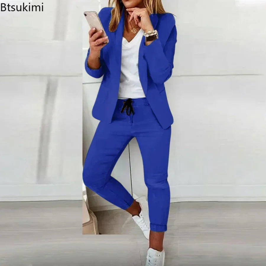 Traje de oficina formal de dos piezas para mujer 2026, conjunto de blazer y pantalón ajustado con bolsillo, solapa, conjuntos de oficina para mujer, chándal de 2 piezas