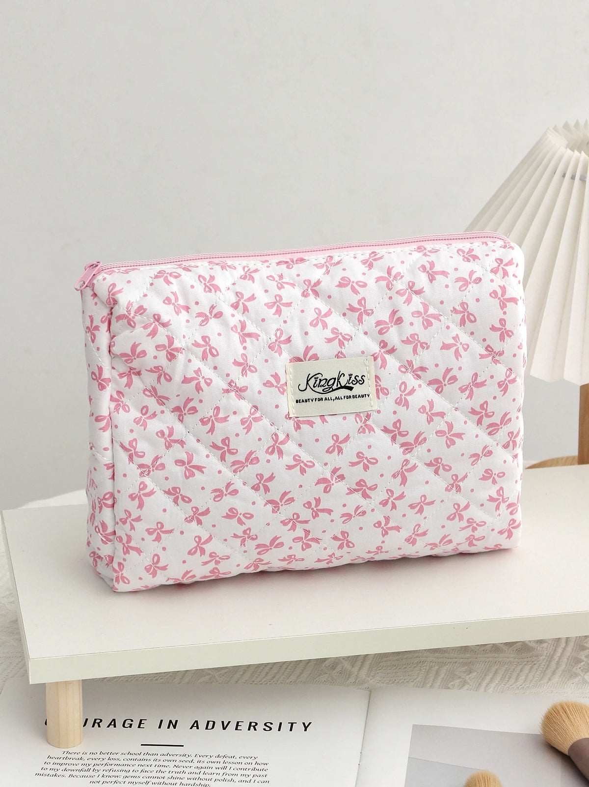 Pink Color Bowknit Print Cosmetic Bag Large Capacity Makeup Bag Pouch Skincare Toiletry Bag Travel Dorm Jewelry Lip Organizer