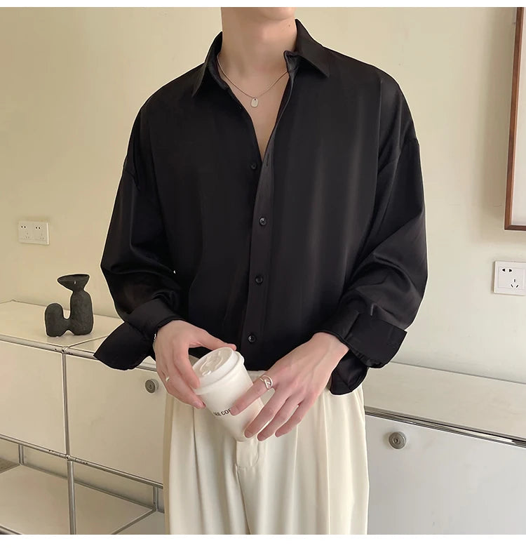 White Long Sleeved Shirt Men Oversized Fashion Social Mens Dress Shirt Korean Loose Ice Silk Shirt Mens Office Formal Shirts