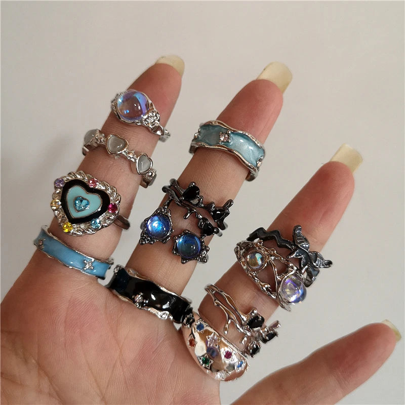 Y2K Kpop Crystal Heart Star Adjustable Irregular Geometry Punk Vintage Harajuku Rings Set For Women Girl Fashion Grunge Jewelry