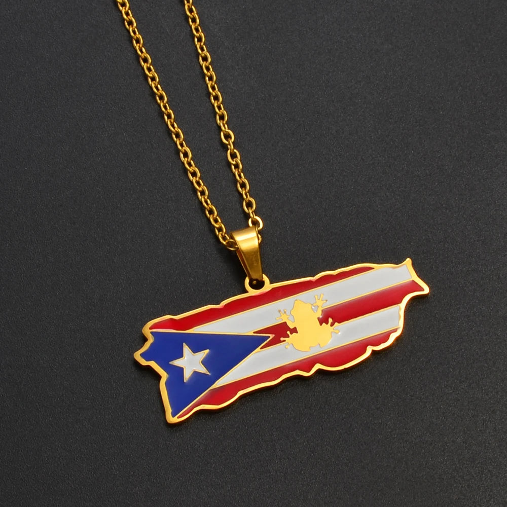 Anniyo Puerto Rico Map Flag Pendant Necklaces Rican Frog Rana Flag Jewelry #318001