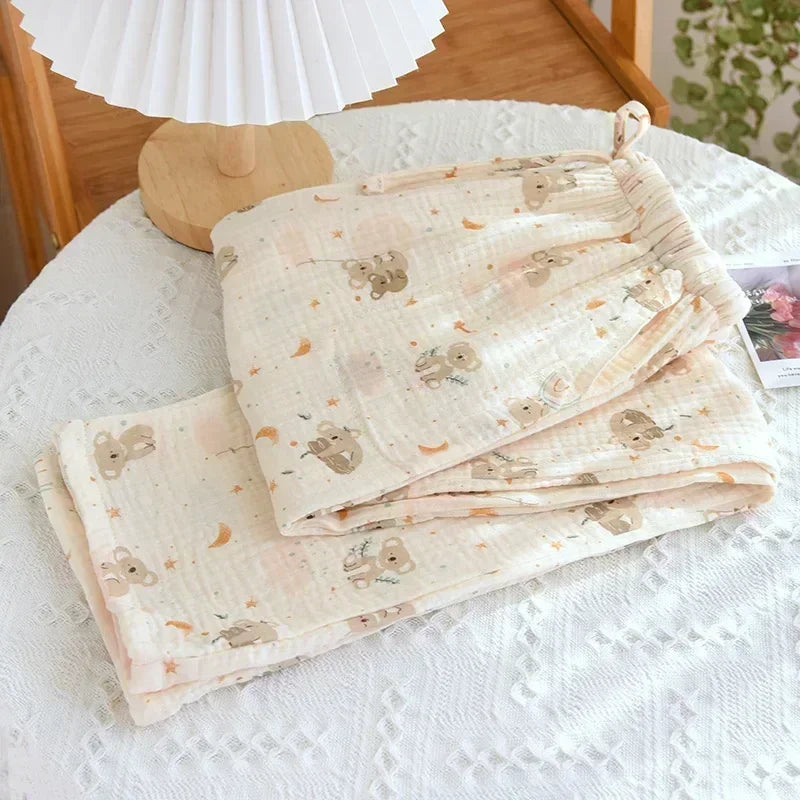 Spring New Pajamas Pants for Women Crepe 100% Cotton Loose Casual Straight Trousers Home Clothes Checkerboard Sleep Pants