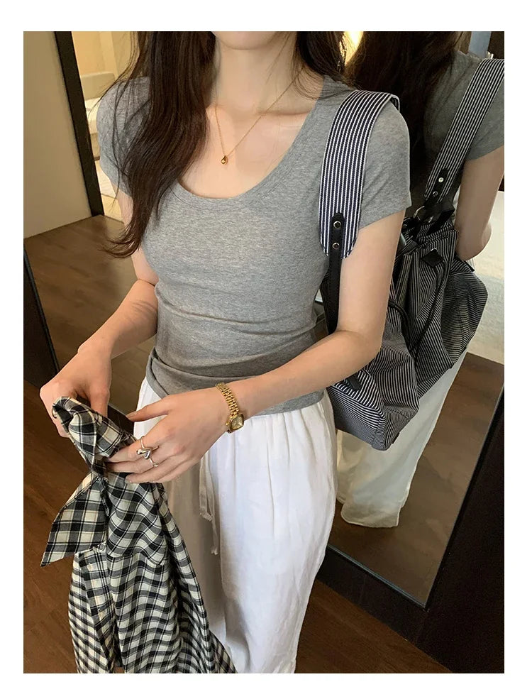 Spring Summer New Short Sleeve T-Shirt Women Solid Simple Casual Soft All-Match Hot Basic Slim Tops Tees Summer Fashion 2026
