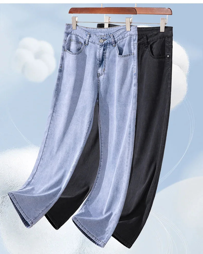 Lyocell Men's Black Jeans Summer Thin Loose Straight Soft Ice Silk Casual business Denim Pants male Elastic Wide Trousers
