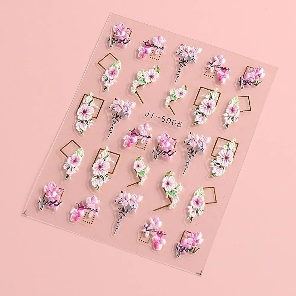 5D Nail Stickers Flowers Geometric Lines Decor Acrylic Embossed Sliders Gold Frame Nail Decals Cherry Blossom Manicure Nail Art