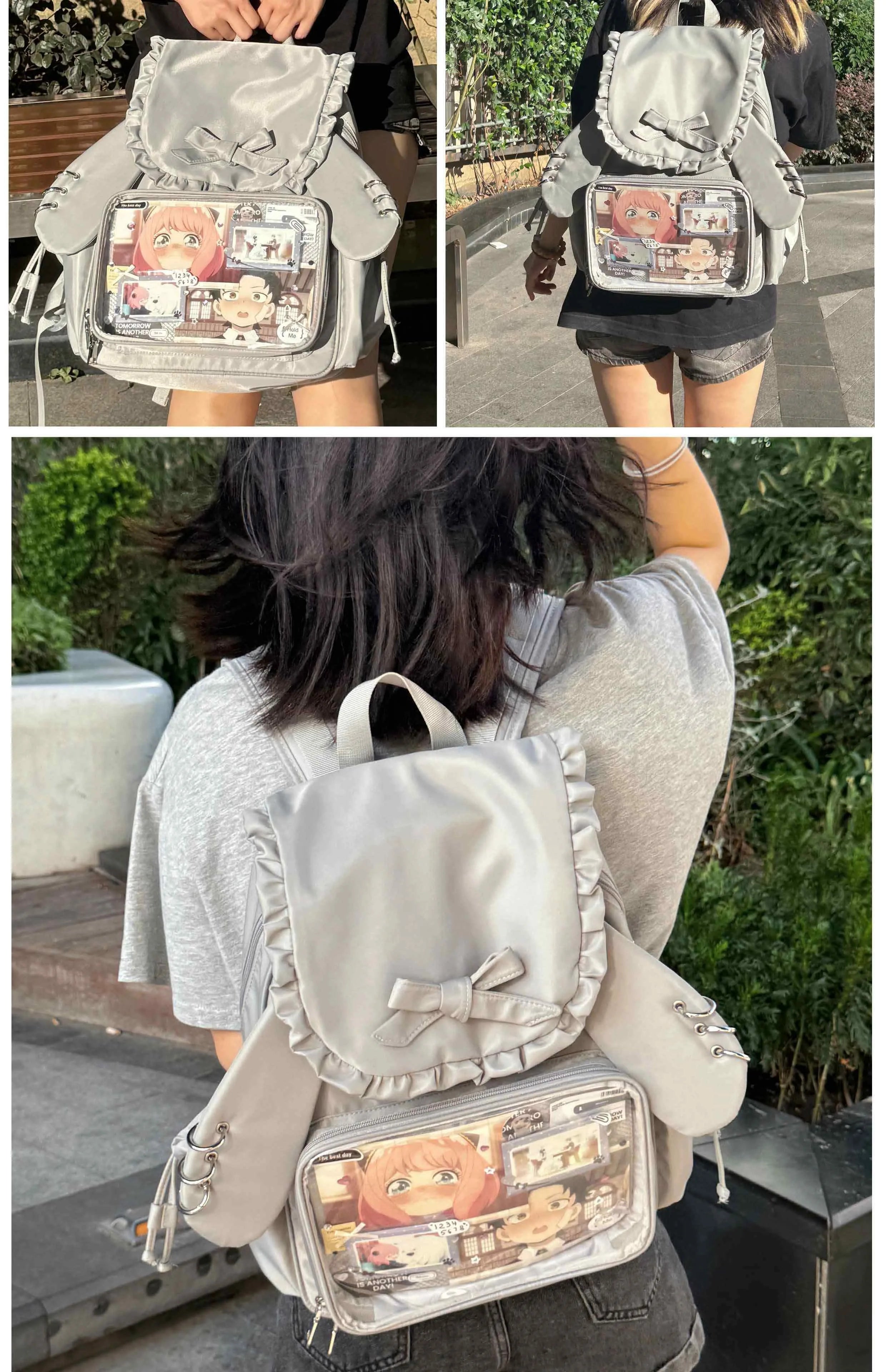 Original Two-dimensional Cute Transparent Large-capacity Backpack Women Sweet Bow Rabbit Ears Bags Preppy Style Kawaii Backpacks