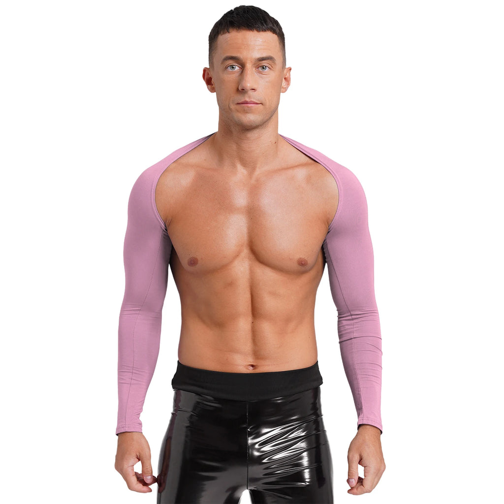 Men Open Front Half Crop Top Solid Long Sleeve Cardigan Bolero Shrug Tops Muscle Arm Sleeves Workout Sports Gym Tops Clubwear