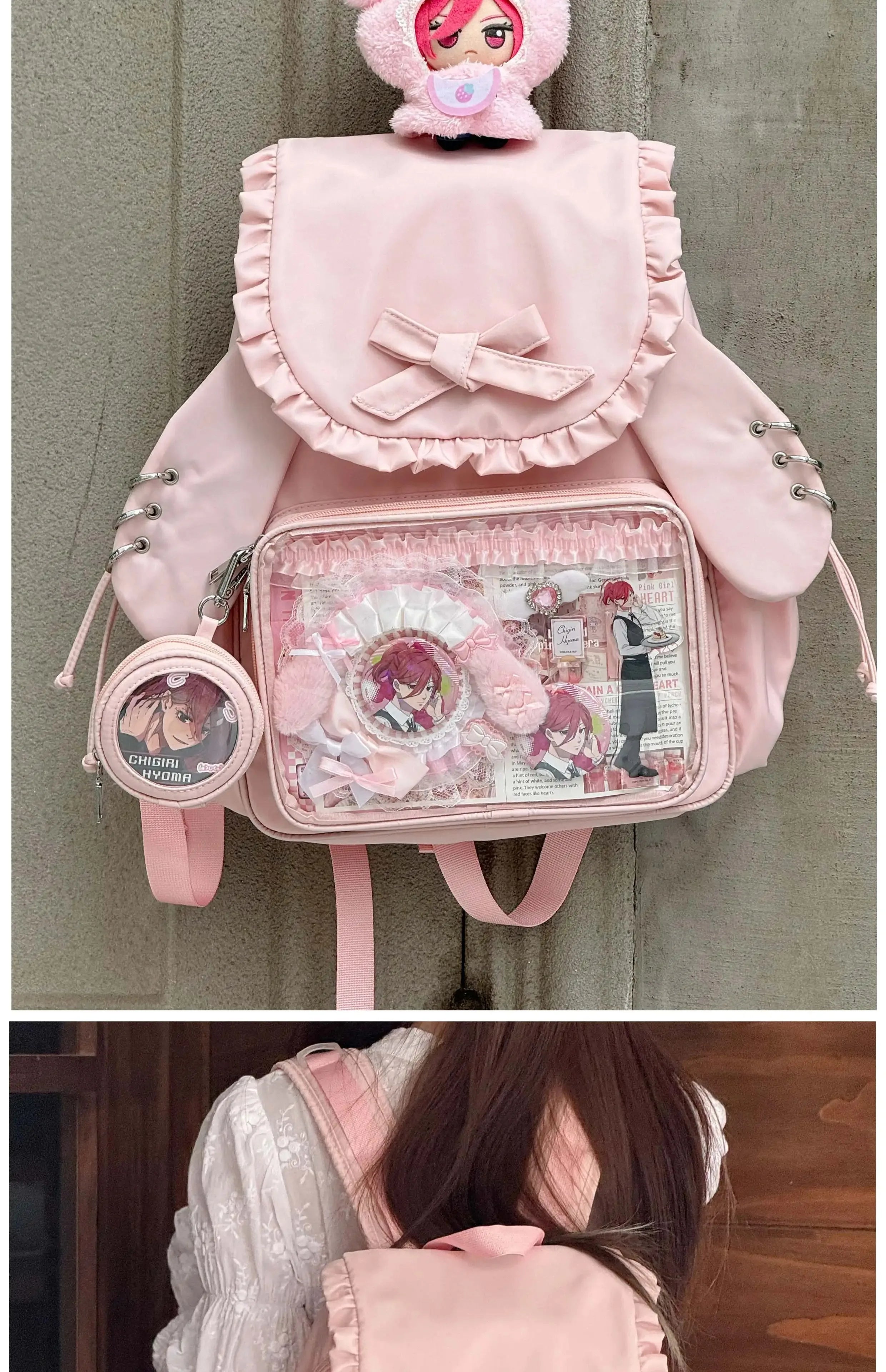 Original Two-dimensional Cute Transparent Large-capacity Backpack Women Sweet Bow Rabbit Ears Bags Preppy Style Kawaii Backpacks
