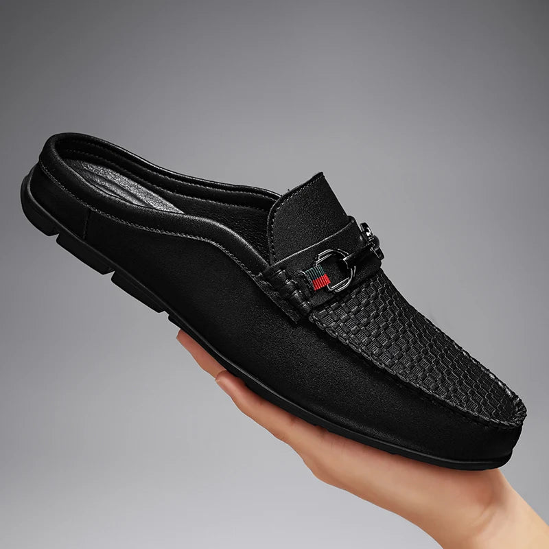 Große Pantoletten für Herren Halbschuhe für Männer Hausschuhe Leder Herren Semi-Drag Freizeitschuhe Fersenlose Slipper Herren Slides Flats Sandalen