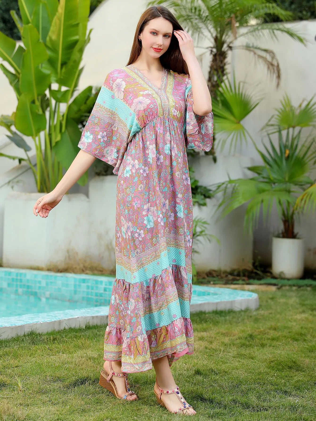 Bohemian Oversize Loose Elastic Waist Maxi Dresses Women Robe Cotton Rayon Floral Printed Long Dress Summer Boho Beach Cover up