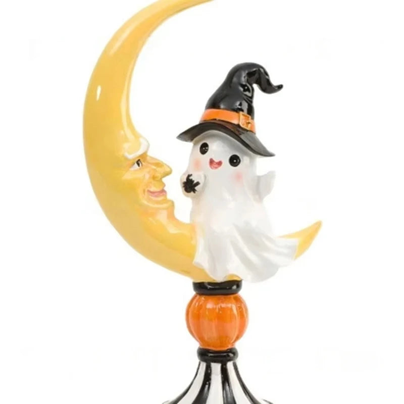 Halloween Ghost Witch Hat On Crescent Moon Resin Figurine Spooky Cute Tabletop Statue Autumn Pumpkin Home Party Decor Ornament