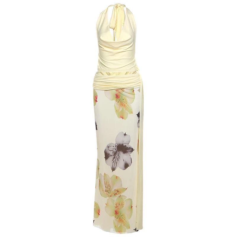 Nibber Temperament Frauen 3-teiliges Set Stapel-Trend Neckholder-Tops + geteilte Quasten-Hose + Blumen-Netzröcke Passende Urlaubskleidung